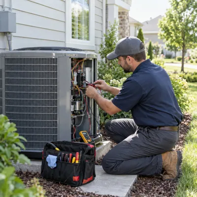 HVAC technician servicing the electrical components of an outdoor air conditioning condenser