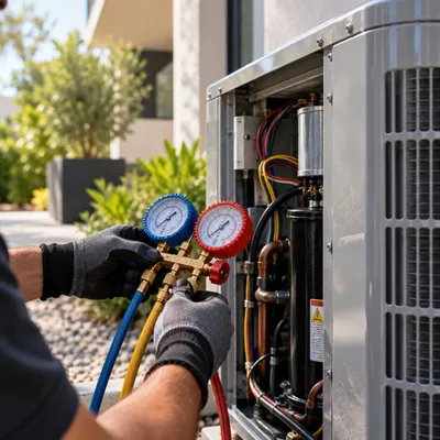 HVAC technician checking refrigerant pressure with gauges at an open condenser