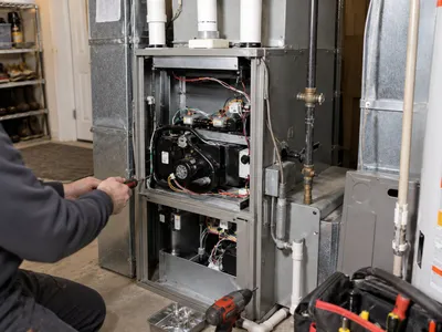 HVAC technician servicing the internal components of a furnace