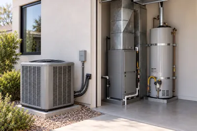 Outdoor air conditioning condenser beside a home, next to an open equipment alcove with a furnace, ductwork, and gas water heater