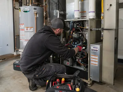 HVAC technician repairing the internal components of a furnace