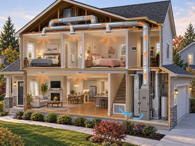 Cutaway illustration of a two-story home showing ductwork carrying air from the furnace to each room