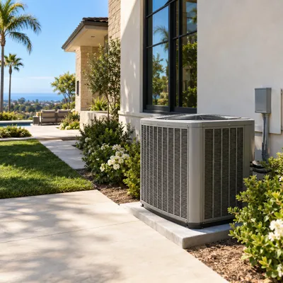 Newly installed central air conditioning condenser beside a home